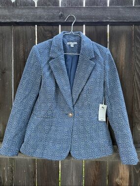 Free Assembly Blue and White Tweed Single-Button Blazer